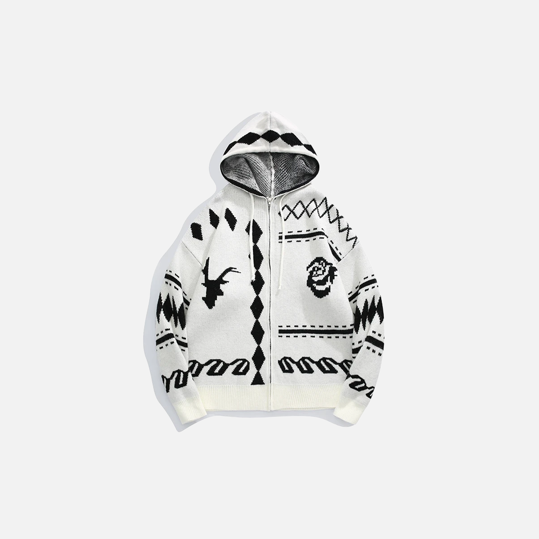 Gemütlicher Retro-Jacquard-Cardigan mit Kapuze und Reißverschluss