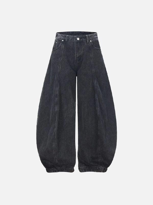 Distressed Pleated Wide Leg Banana Denim Jeans