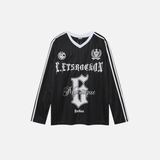 ゴシックプリント長袖VネックポリエステルTシャツ