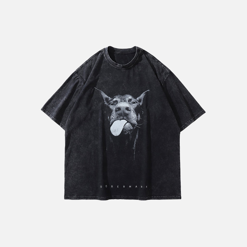 T-shirt noir délavé à motif doberman vintage