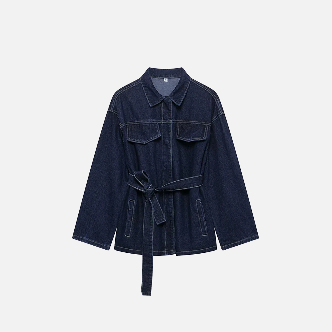 Everyday Essential Lapel Neck With Belt Denim Jacket