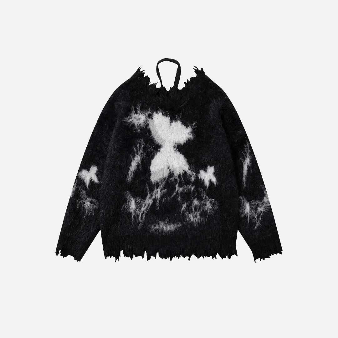 Pull duveteux à ourlet effiloché et motif papillon