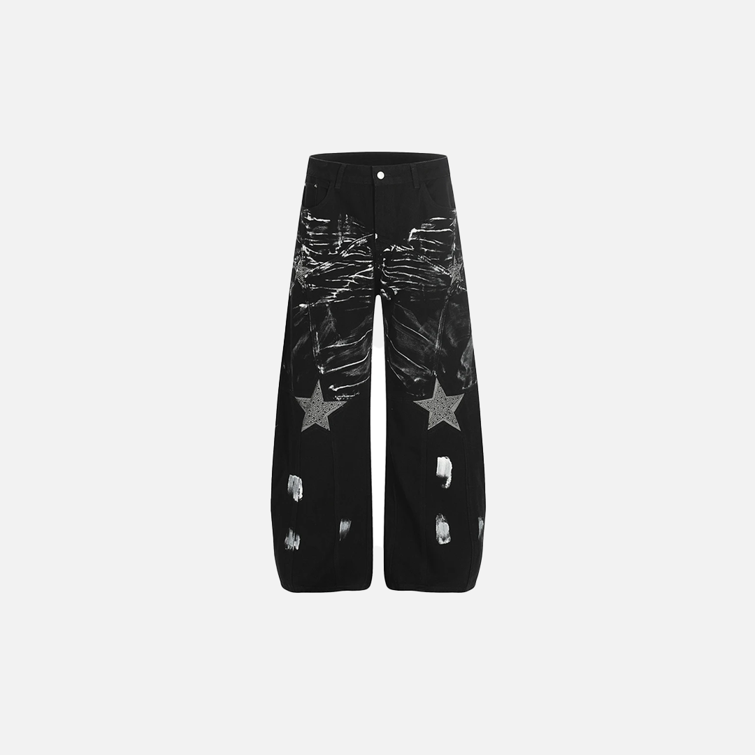 Streetwear Jeans mit weitem Bein und schwarzem Diamant-Sternen-Patchwork
