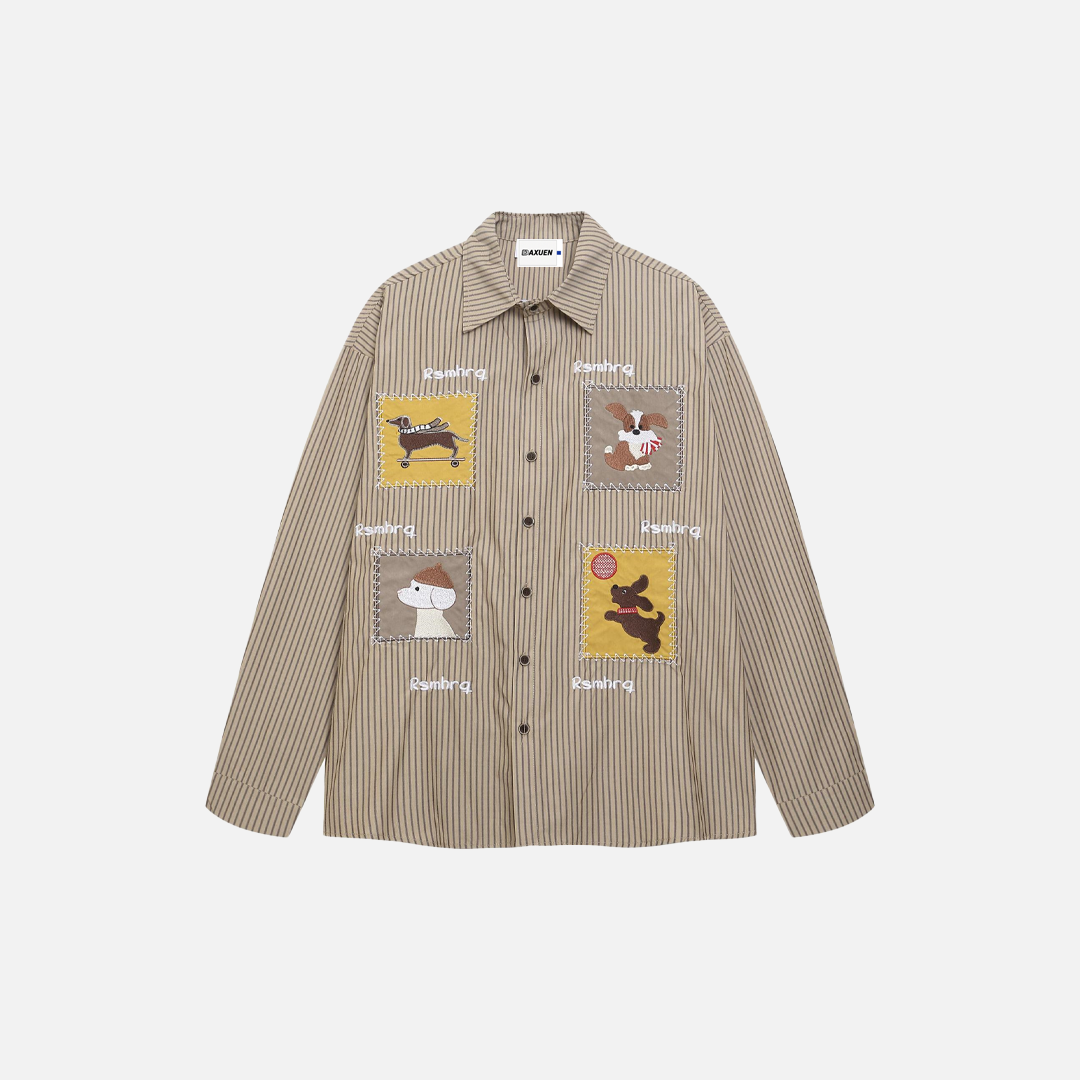 Chemise rétro à rayures brodées oversize à manches longues