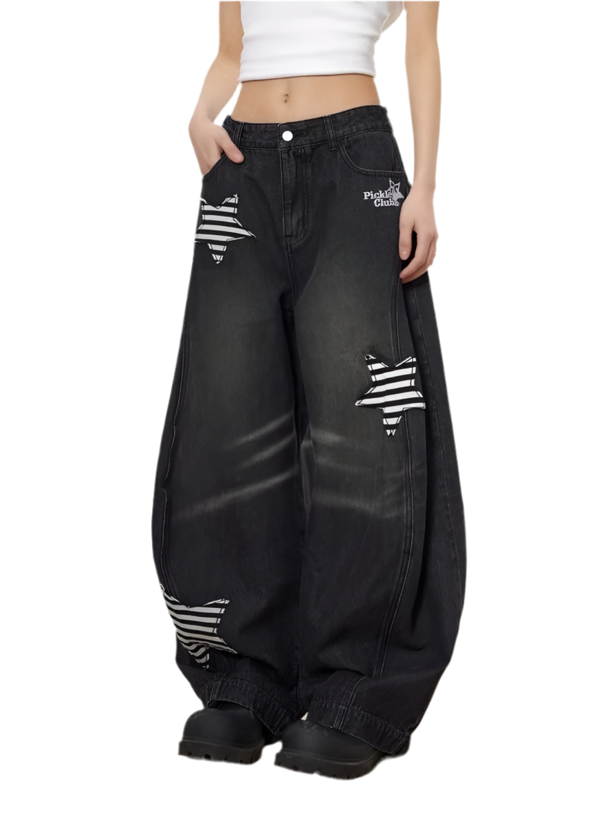 Retro Star Spliced Wide-Leg Jeans