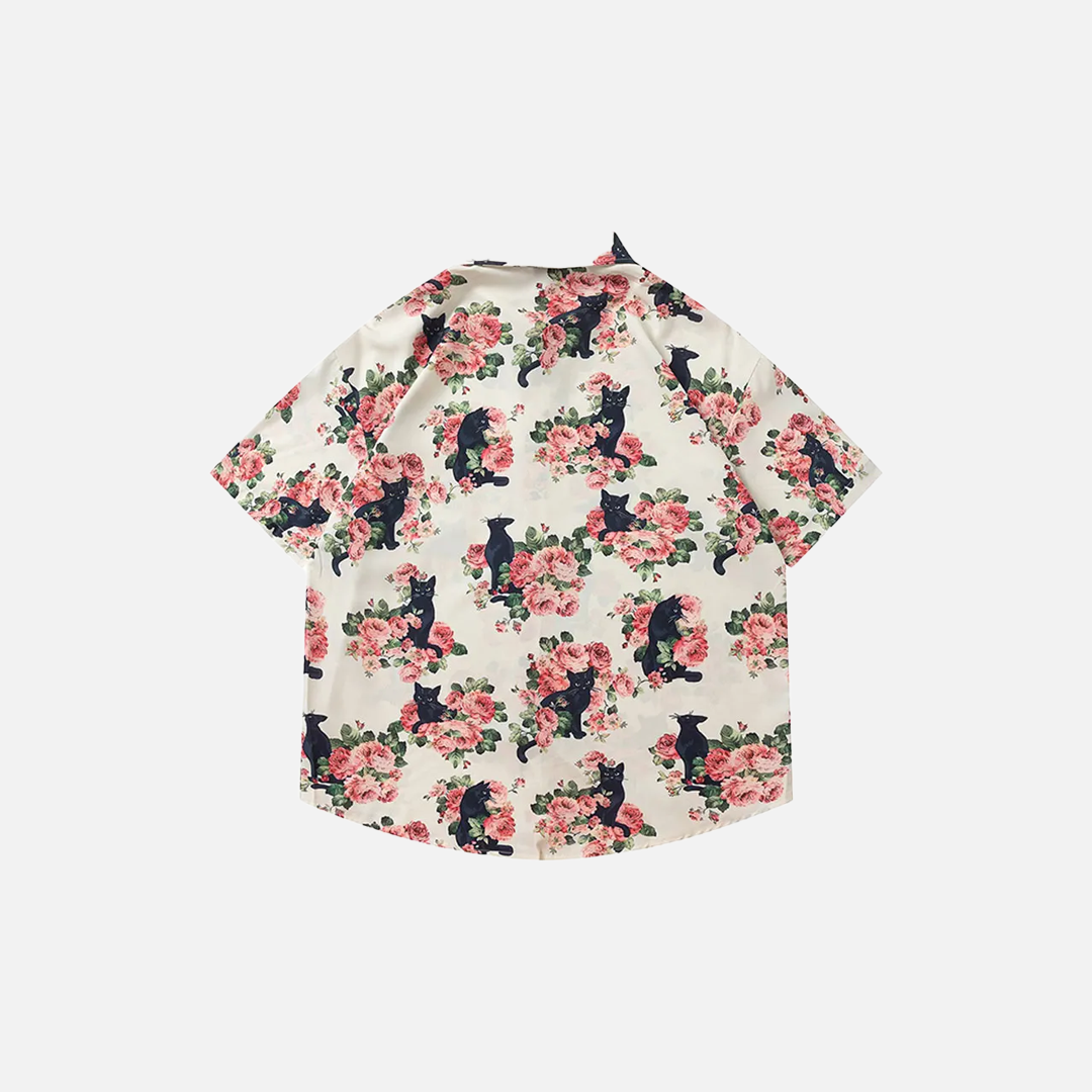 Streetwear Schwarzes Katzen-Blumen-Cooles Button-Up-Hemd