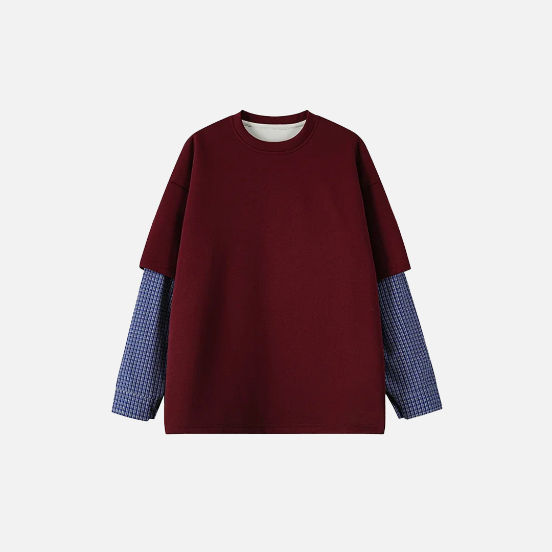 Blue Plaid Fake Two-Piece Long Sleeve T-Shirt