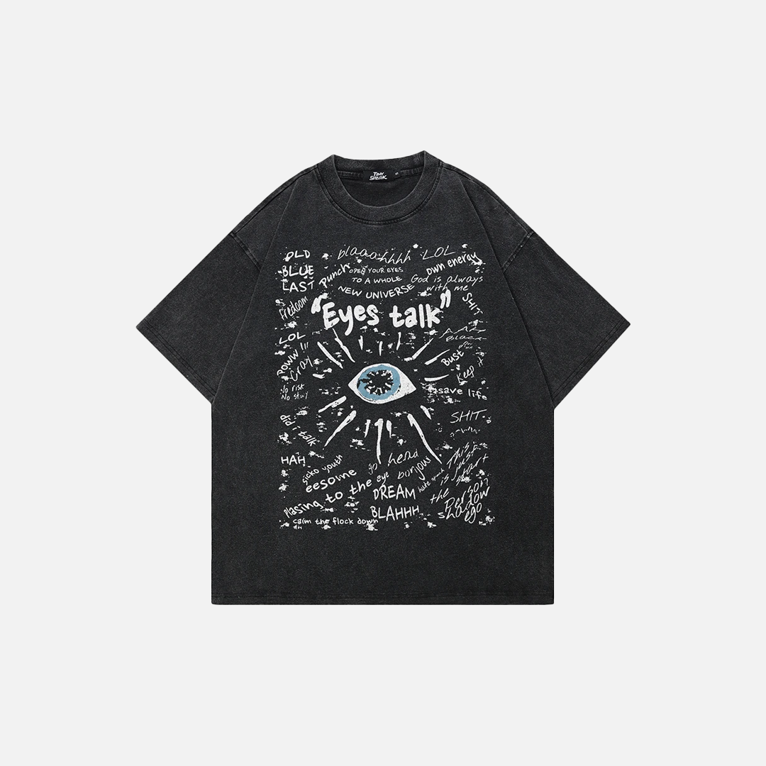 Müheloses Streetwear-T-Shirt mit verwaschenem schwarzen Augen-Graffiti