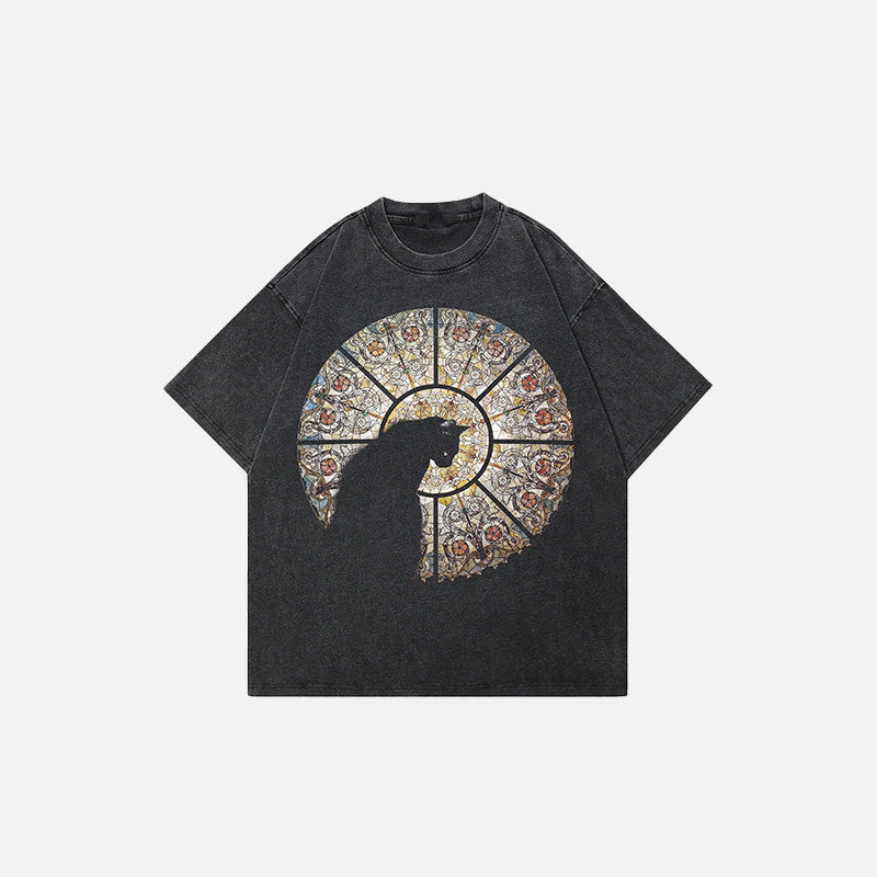 Lose T-Shirt mit Buntglas-Katzenmotiv