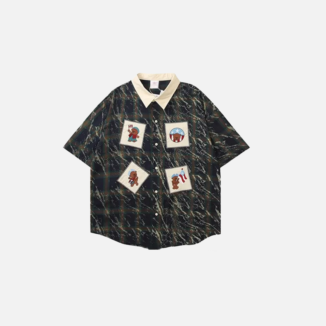 Chemise à revers patchwork rétro à imprimé dessin animé