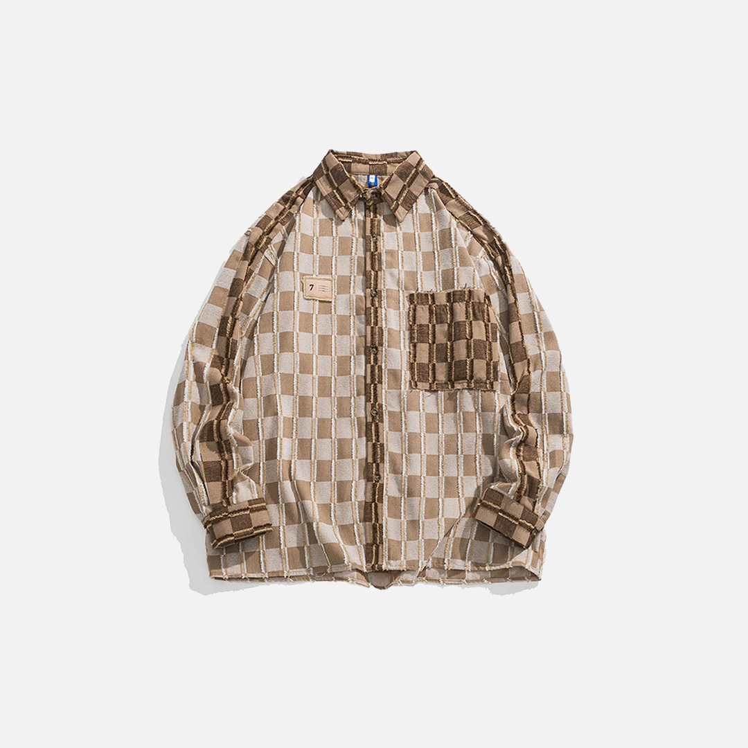 Chemise à carreaux chic à manches longues et col rabattu, effet vieilli