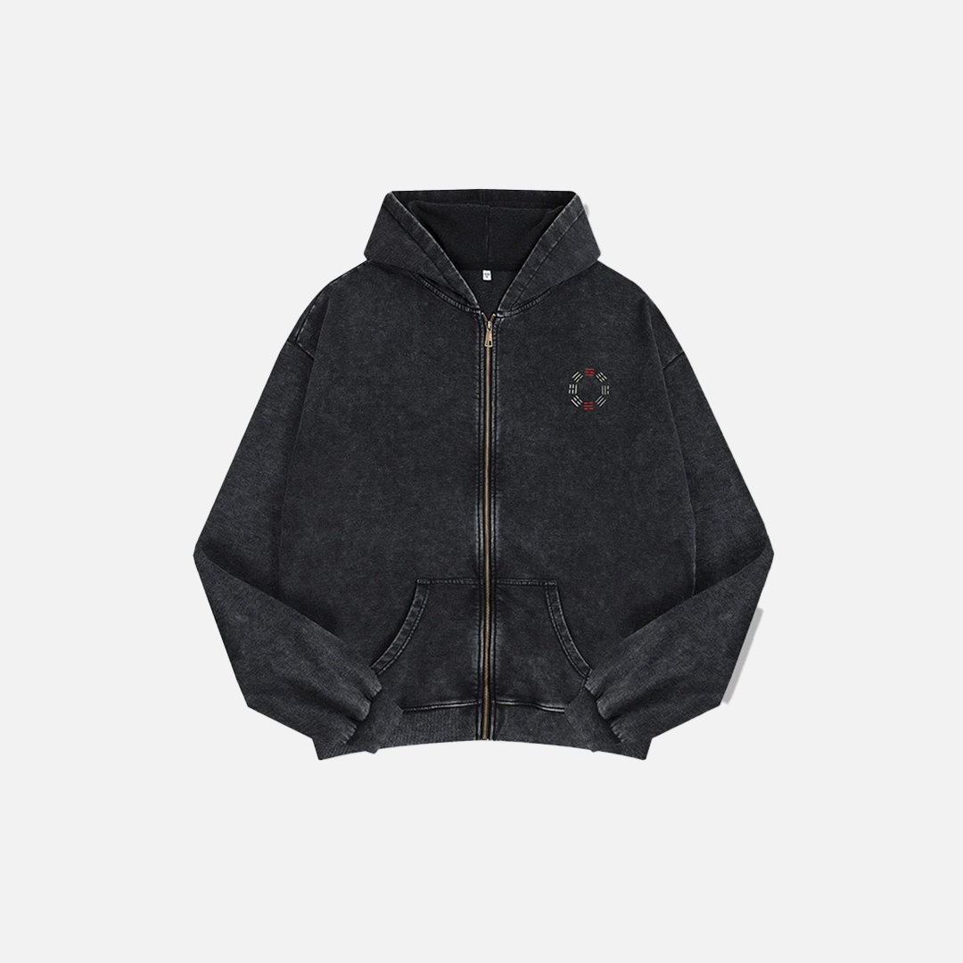 Washed Streetwear Embroidered Zip-Up Hooded Sweatshirt