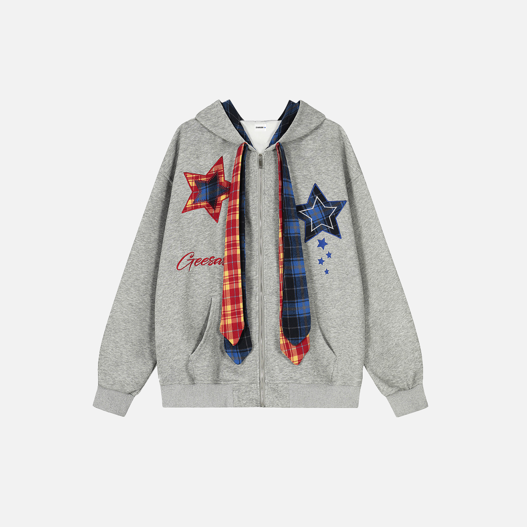 Men Embroidered Plaid Patchwork Hooded Sweatshirt