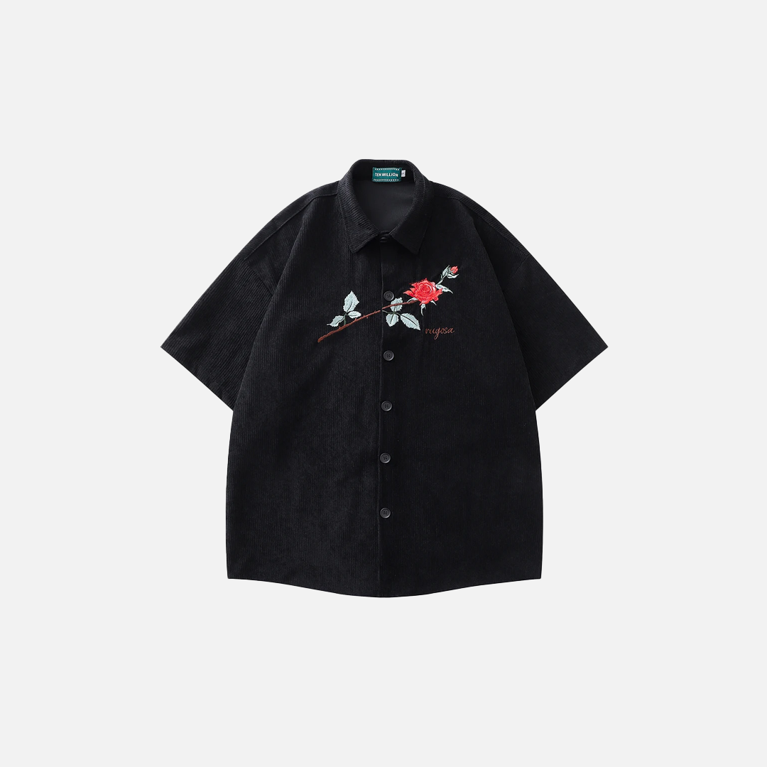 Chemise à manches courtes boutonnée en velours côtelé brodé de roses