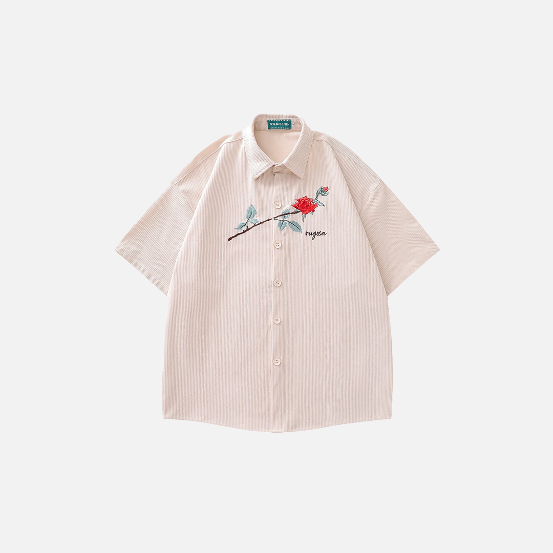 Chemise à manches courtes boutonnée en velours côtelé brodé de roses