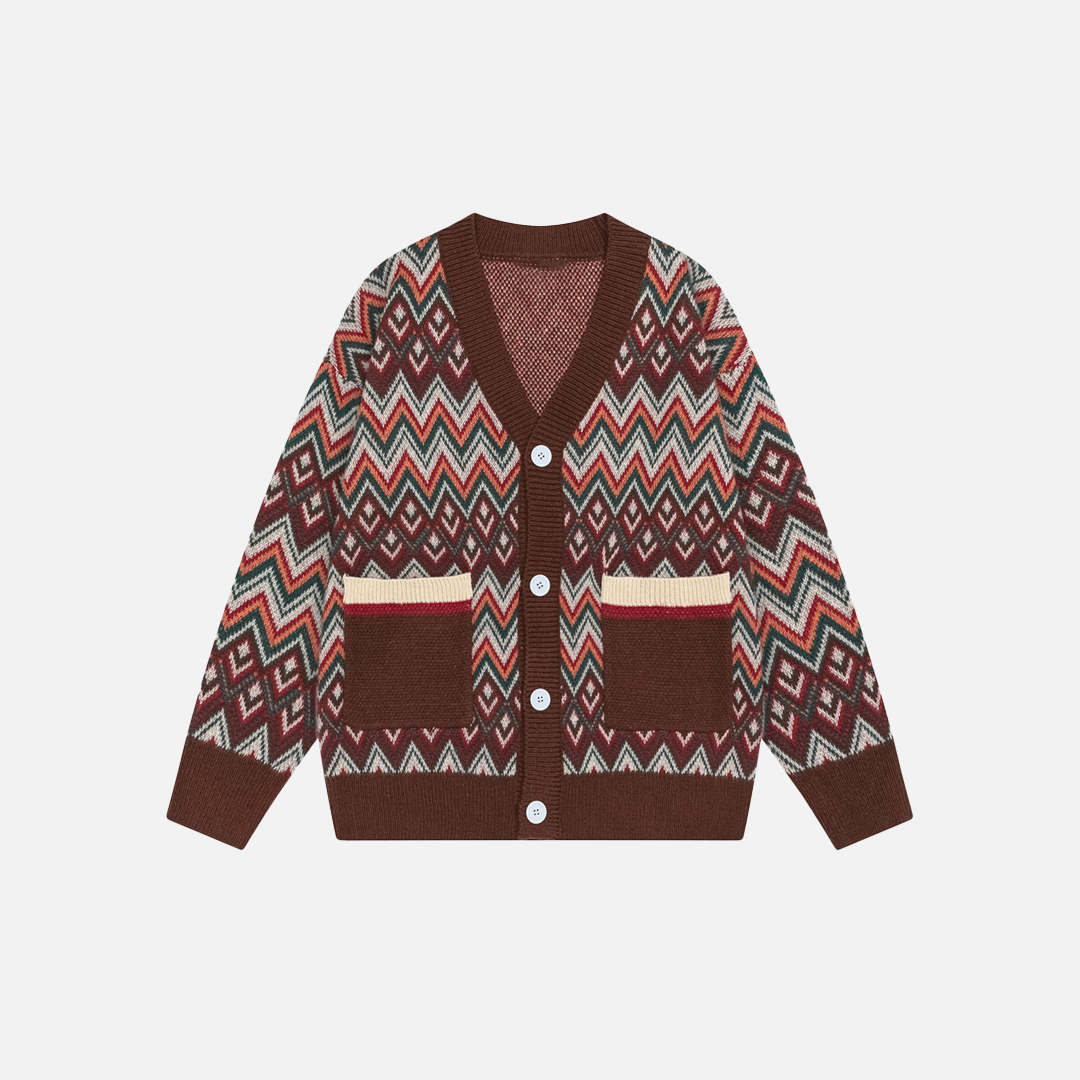 Ethnisch gestrickter Jacquard-Cardigan mit V-Ausschnitt