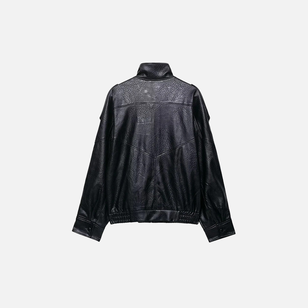 Versatile Plush Black PU Leather Zipper Jacket