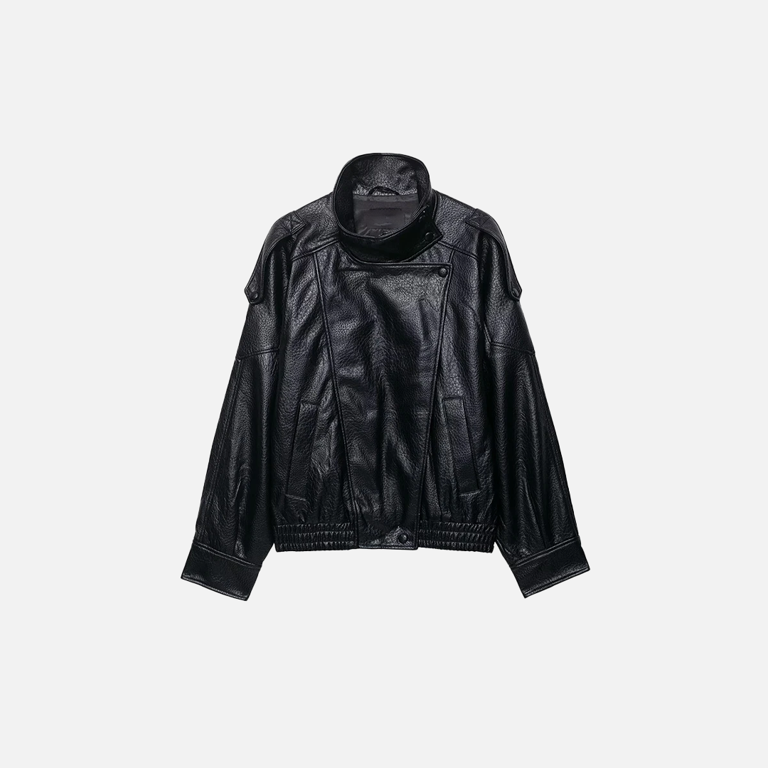 Versatile Plush Black PU Leather Zipper Jacket