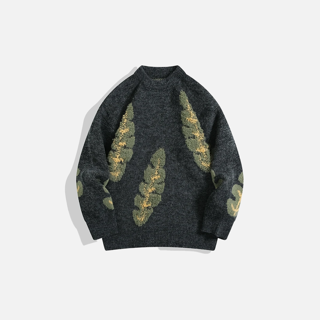 Pull col rond style japonais jacquard à feuilles Y2K