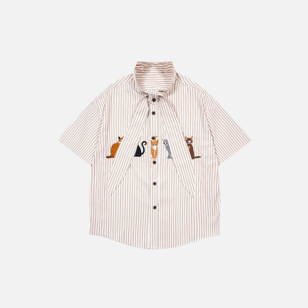 Cool Cartoon Kitten Stripe Short-Sleeve Shirt