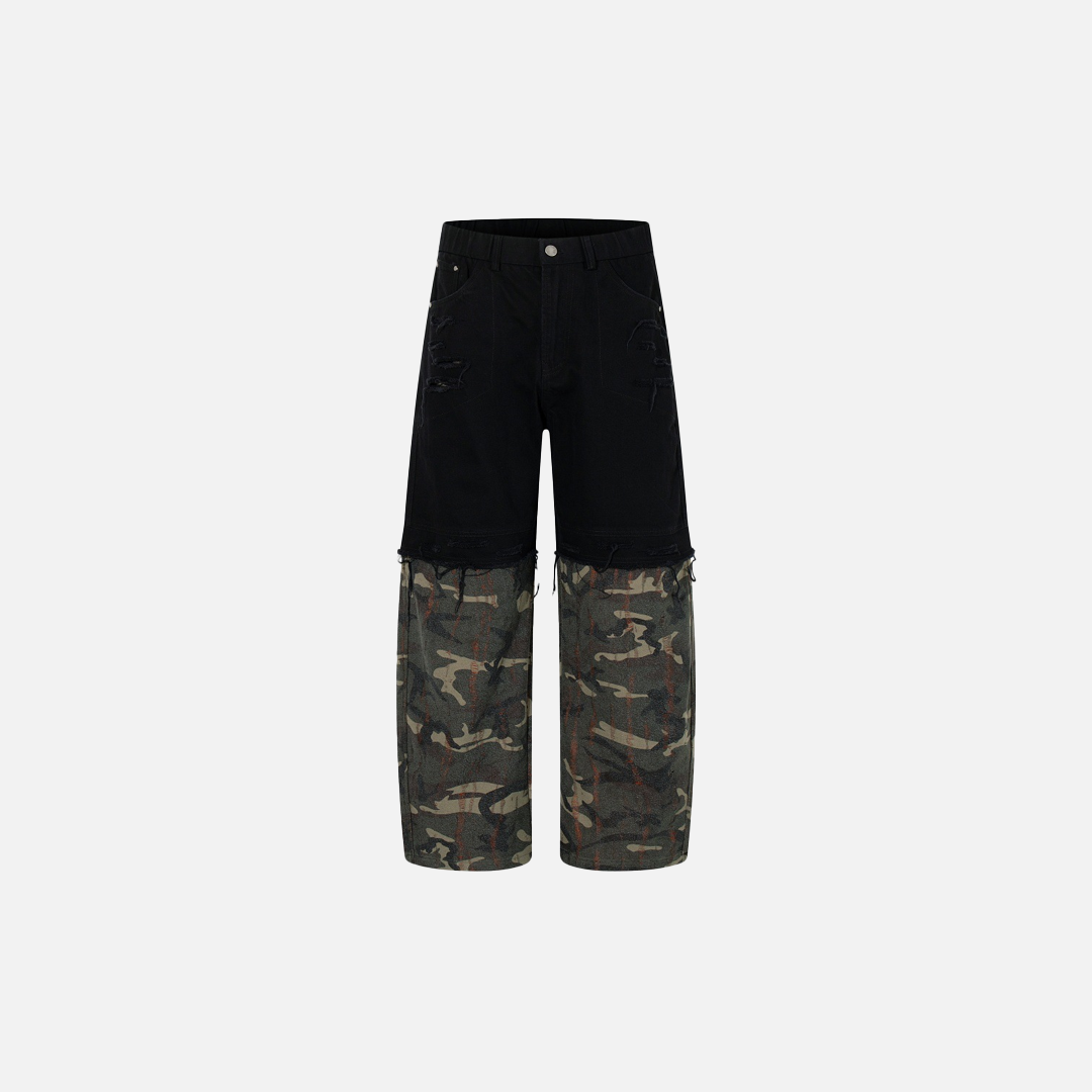 Einzigartige Jeans aus Denim mit Camouflage-Patchwork und Farbblock-Design