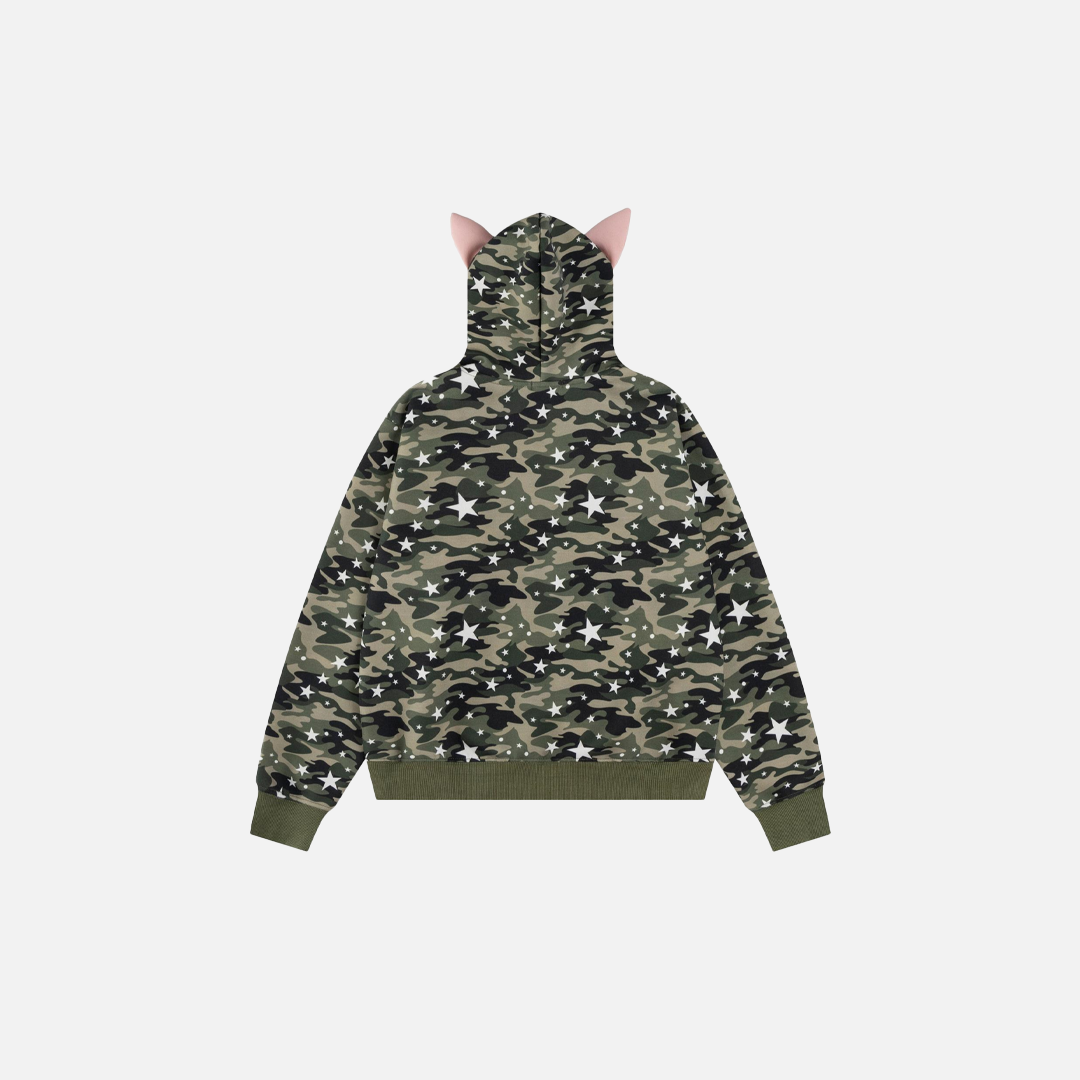 Cool Camo Embroidered Pink Ear Hooded Sweatshirt