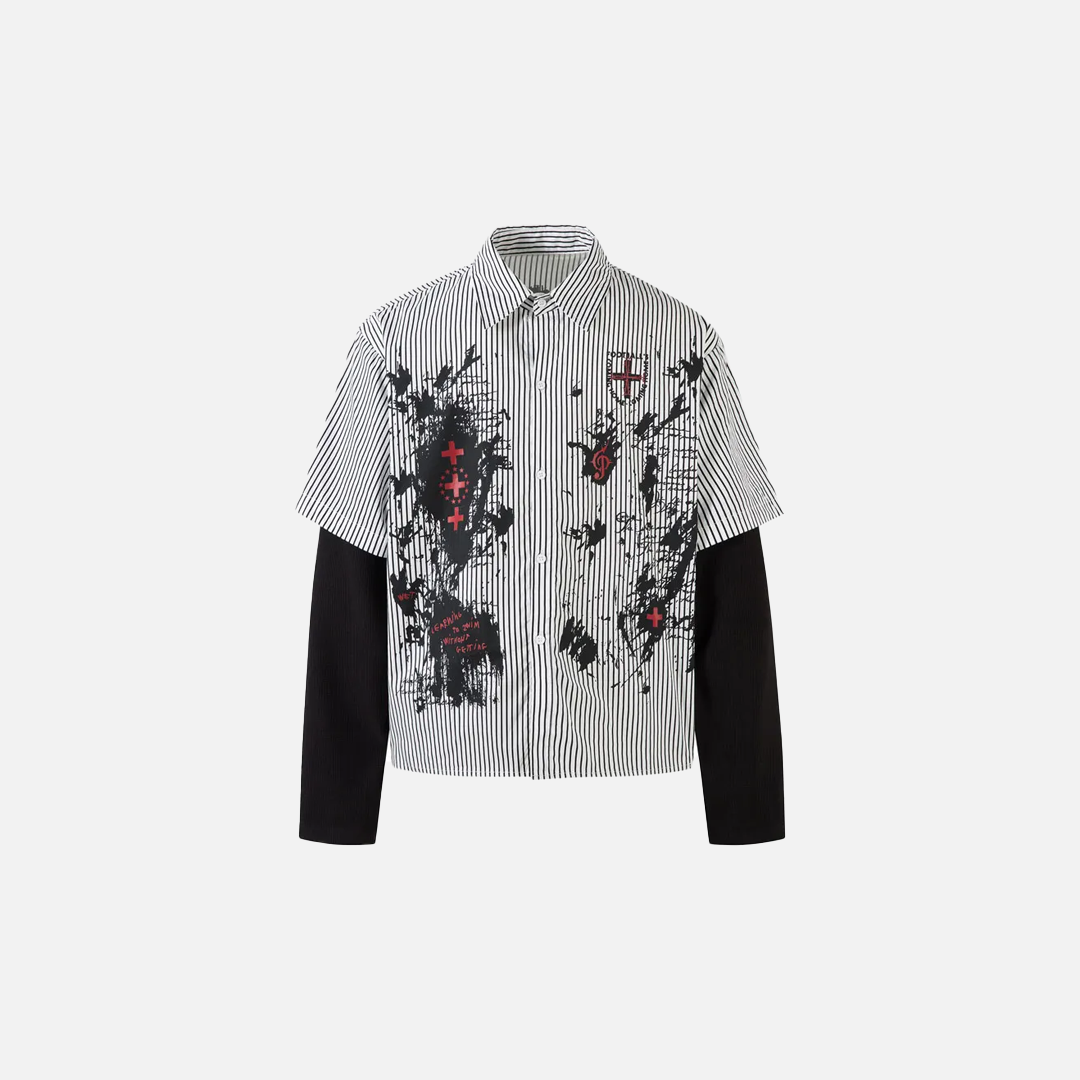 Gothic Fake Two Layered Graphic Long Sleeve Shirt