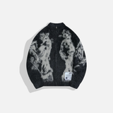 Gilet noir en maille jacquard à fermeture éclair, fausse fourrure et jacquard.