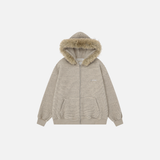 European Style Striped Loose Faux Fur Hooded Sweatshirt