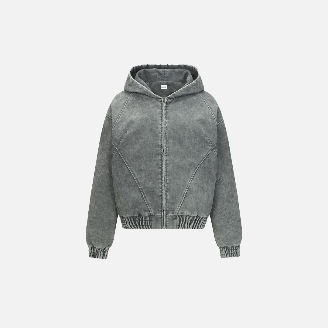 Vintage Distressed Zip-Up Hooded Washed Sweatshirt