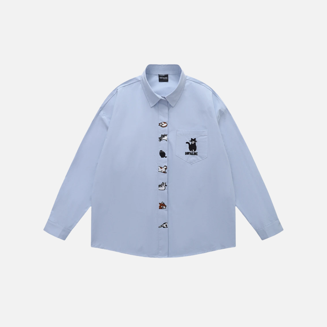 Chemise à manches longues ample brodée de chats de qualité supérieure
