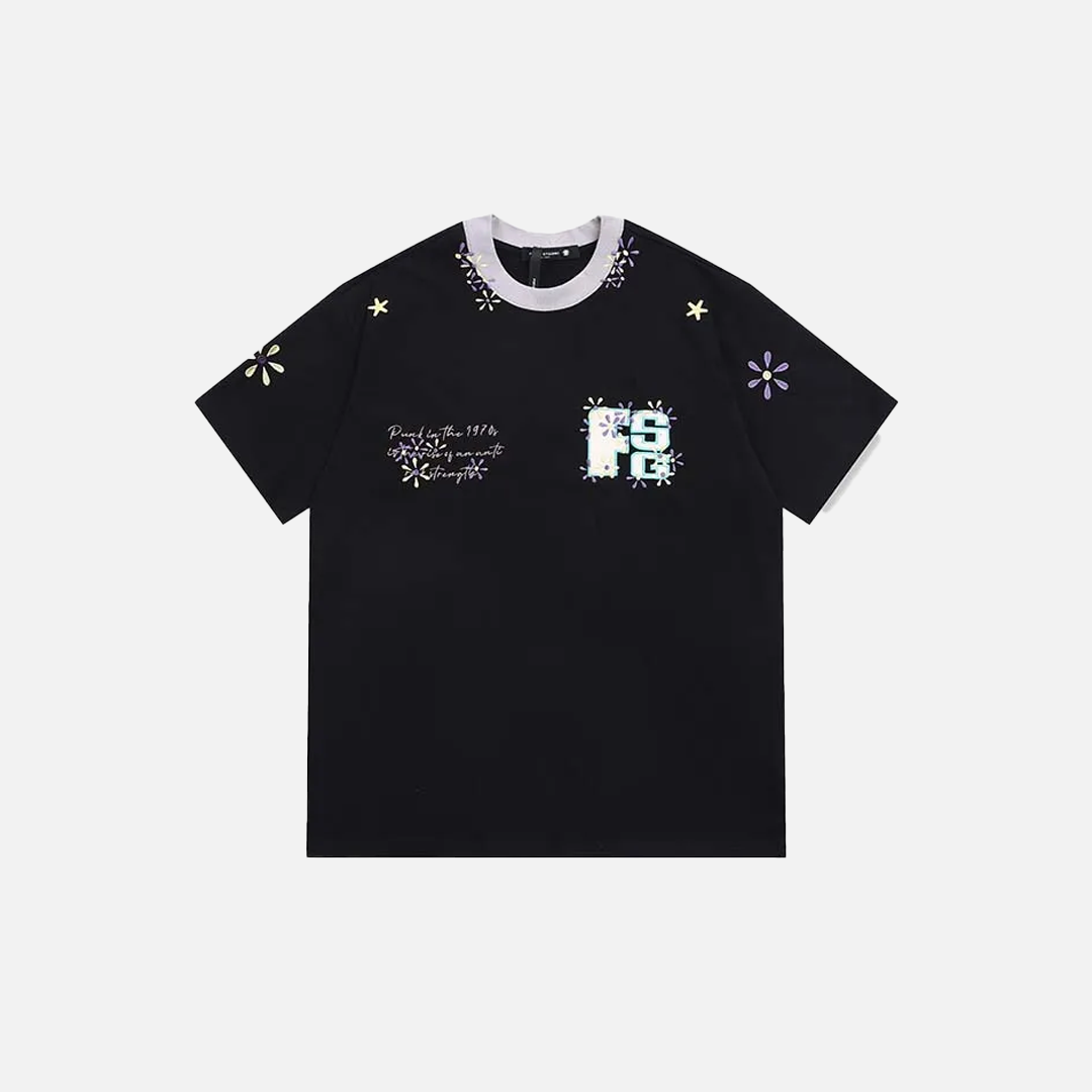 花柄刺繍入り夏用カジュアル長袖Tシャツ