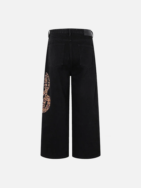 Trendy Leopard Patchwork Black Denim Jeans