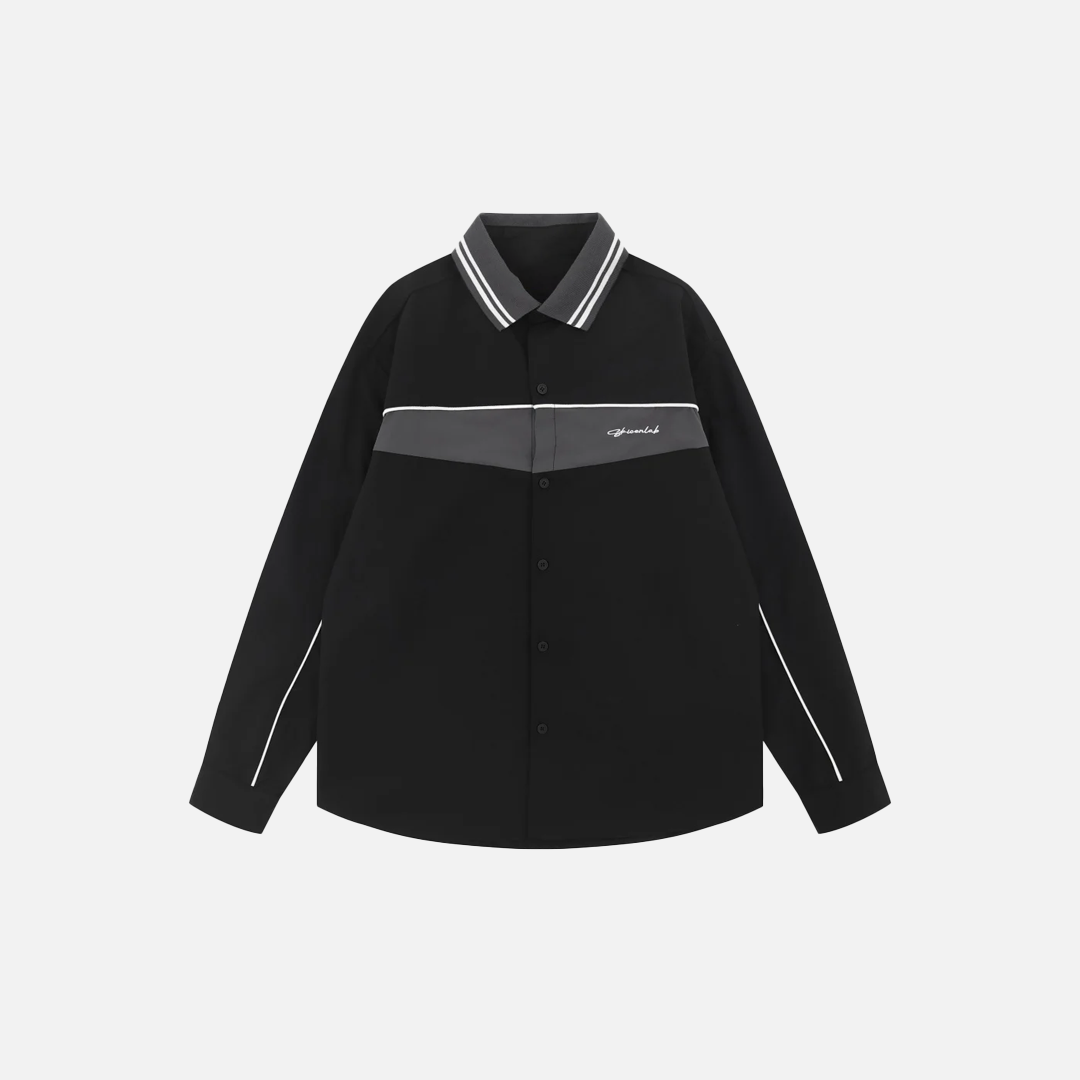 Chemise à manches longues chic avec broderie de lettres et empiècements contrastés
