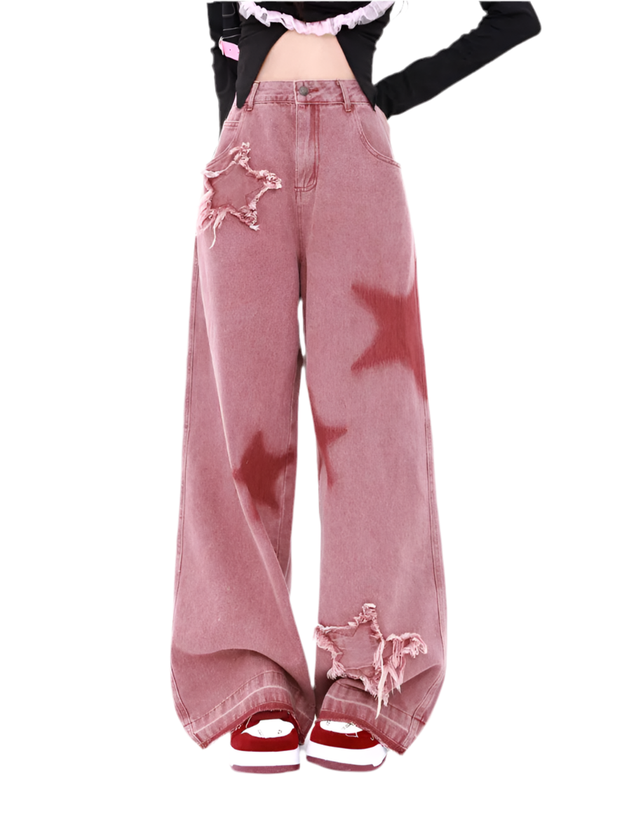 Retro Star Spliced Wide-Leg Jeans