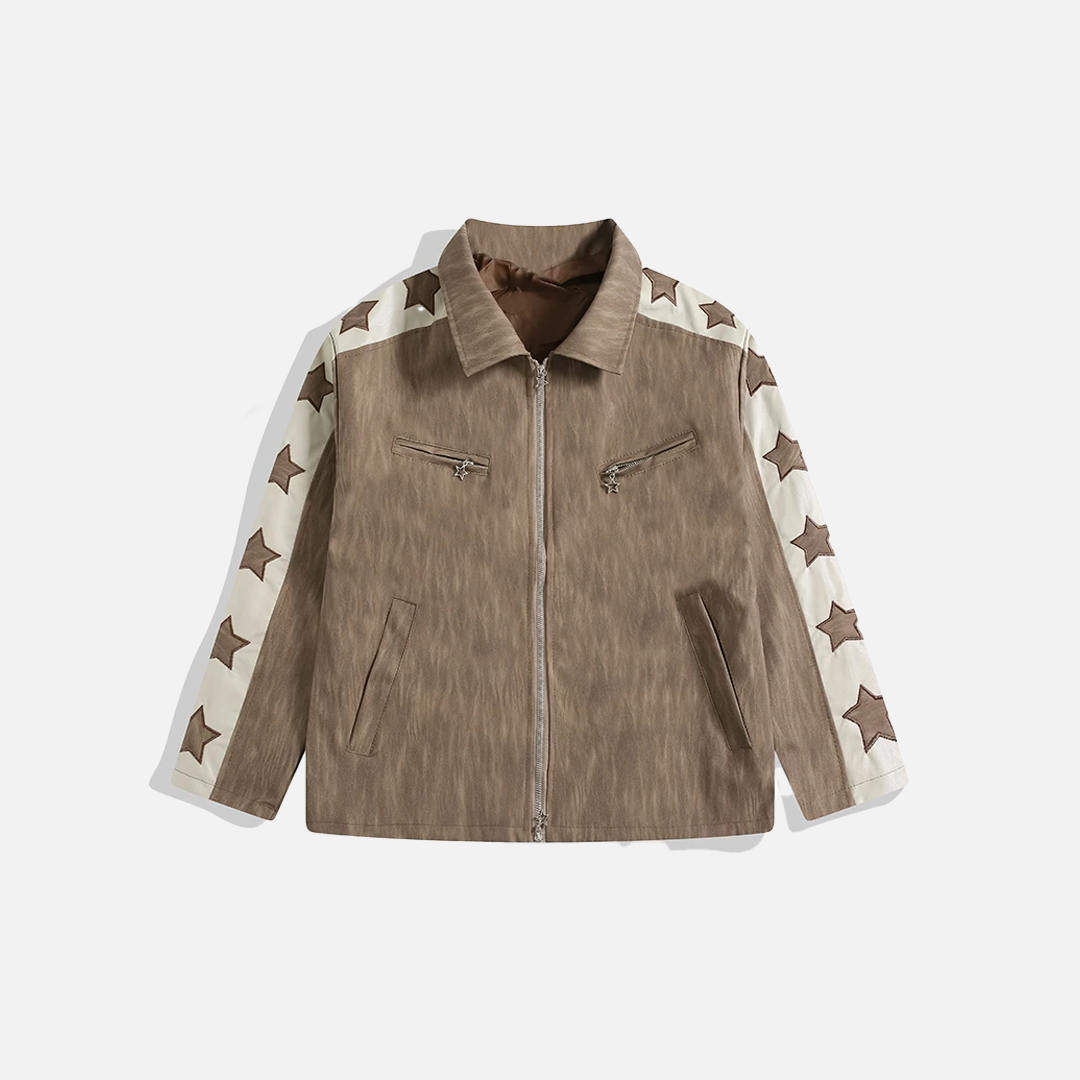 High-End European Spliced Star Leather Jacket
