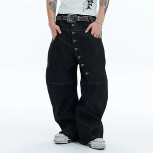 Buckle Curved Straight Leg Jeans , Straight-leg jeans featuring unique buckle accents and a curved silhouette for a bold
