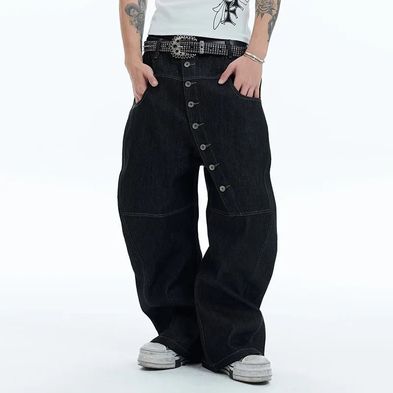 Buckle Curved Straight Leg Jeans , Straight-leg jeans featuring unique buckle accents and a curved silhouette for a bold