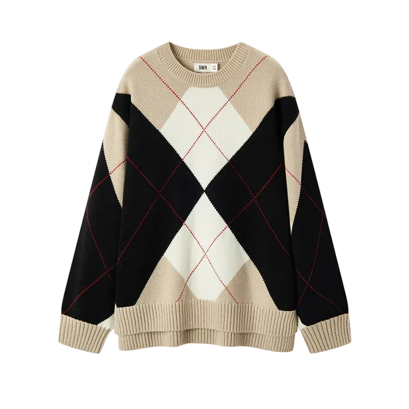 Beige, black, and white argyle pattern sweater on a white background