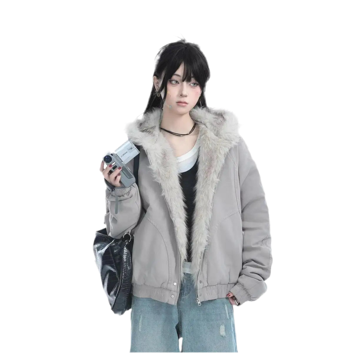 Y2K Retro Fur Collar Hooded Jacket