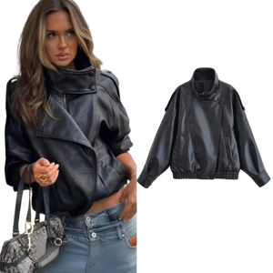 Style yourself in this oversized black leather jacket, featuring a chic high collar and elasticated hem for a sophisticated yet edgy streetwear look.