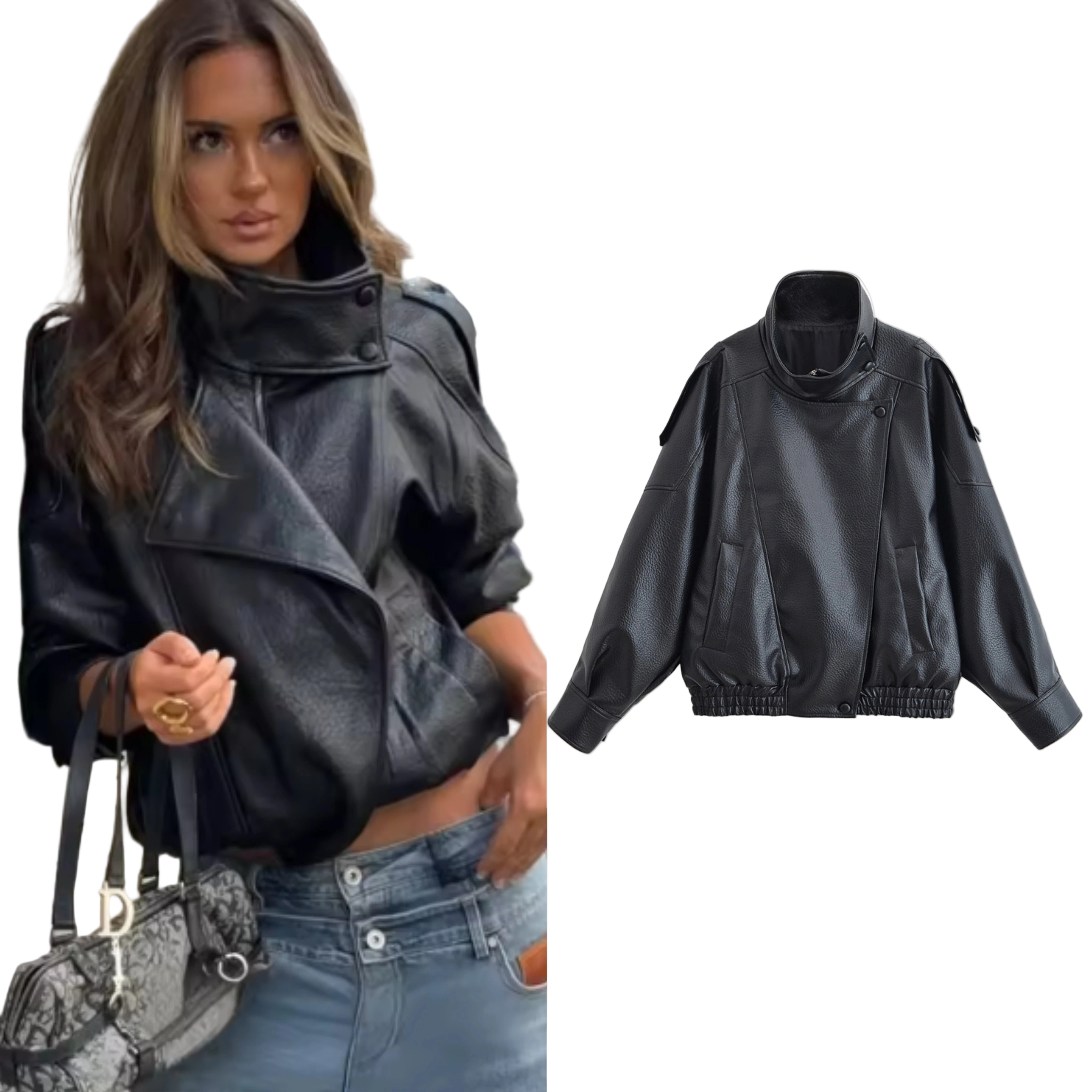 Style yourself in this oversized black leather jacket, featuring a chic high collar and elasticated hem for a sophisticated yet edgy streetwear look.