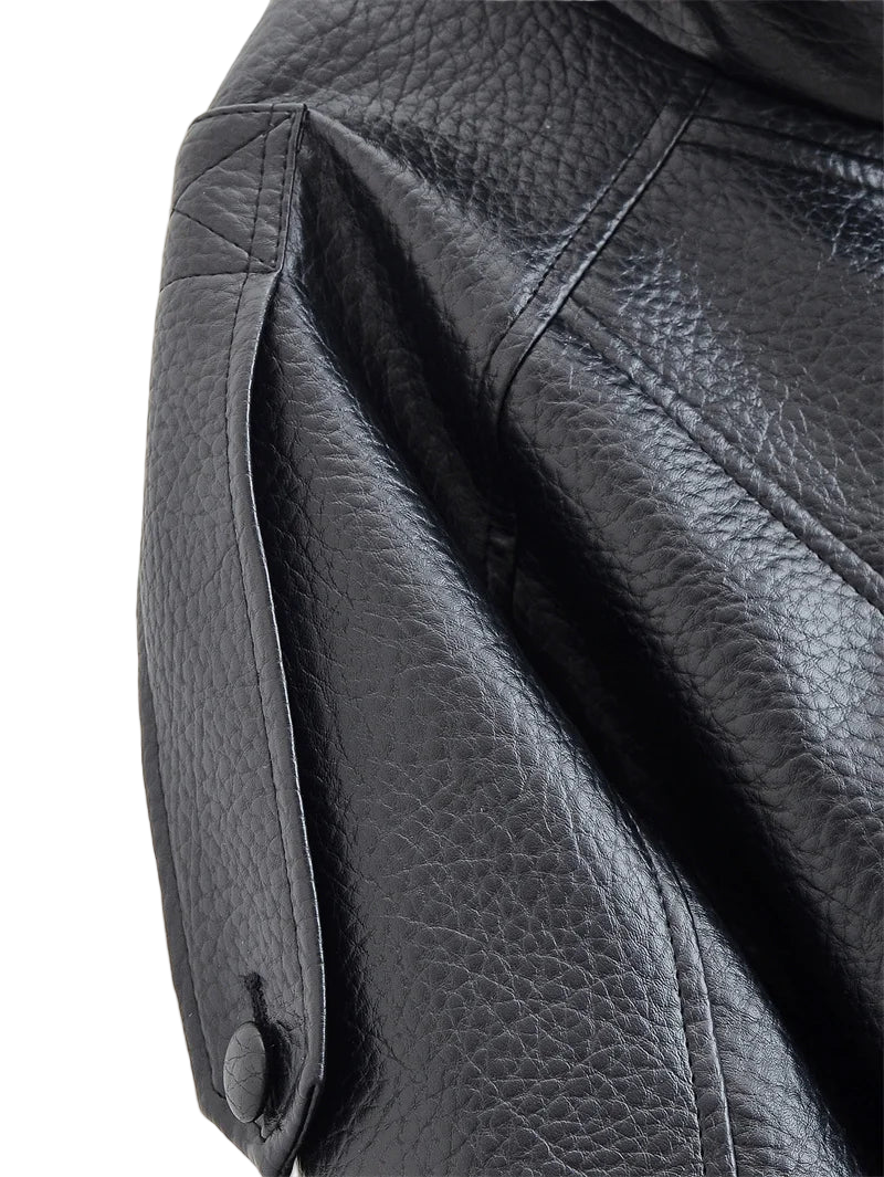 Style yourself in this oversized black leather jacket, featuring a chic high collar and elasticated hem for a sophisticated yet edgy streetwear look.