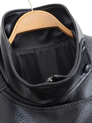 Style yourself in this oversized black leather jacket, featuring a chic high collar and elasticated hem for a sophisticated yet edgy streetwear look.