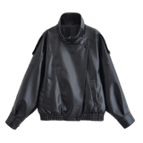 Style yourself in this oversized black leather jacket, featuring a chic high collar and elasticated hem for a sophisticated yet edgy streetwear look.