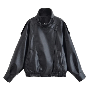 Style yourself in this oversized black leather jacket, featuring a chic high collar and elasticated hem for a sophisticated yet edgy streetwear look.