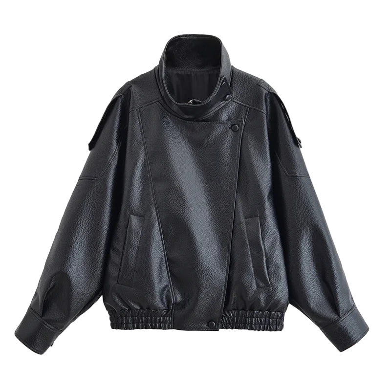 Style yourself in this oversized black leather jacket, featuring a chic high collar and elasticated hem for a sophisticated yet edgy streetwear look.
