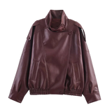 Style yourself in this oversized black leather jacket, featuring a chic high collar and elasticated hem for a sophisticated yet edgy streetwear look.