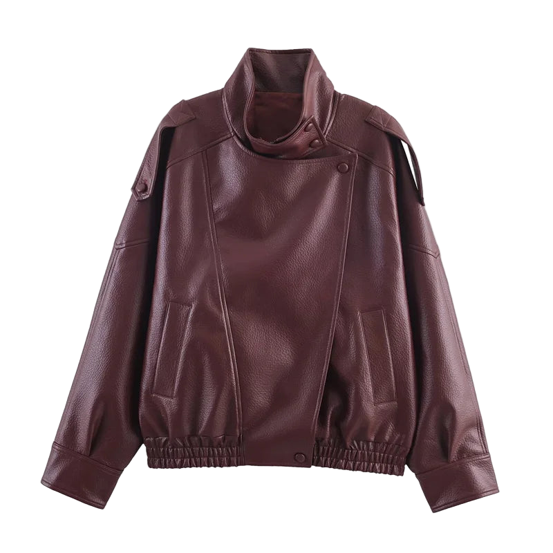 Style yourself in this oversized black leather jacket, featuring a chic high collar and elasticated hem for a sophisticated yet edgy streetwear look.