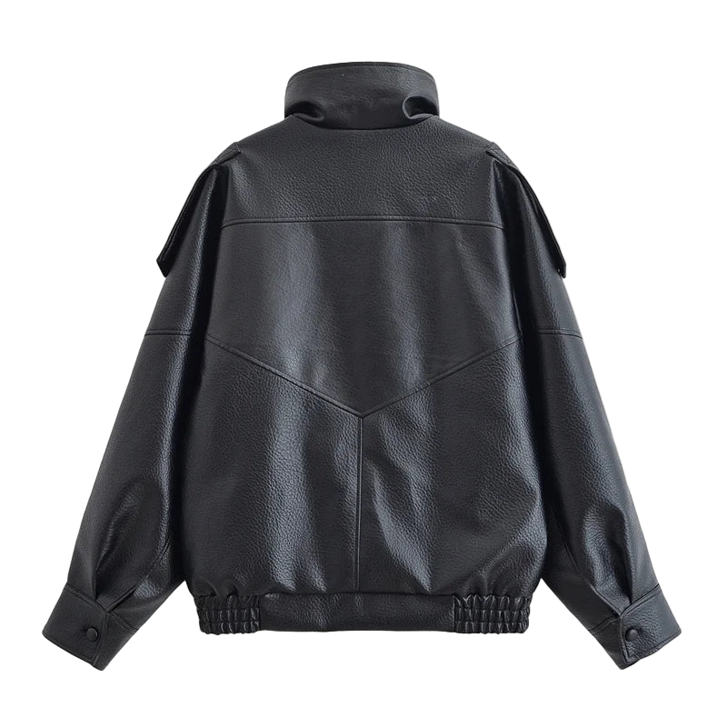 Style yourself in this oversized black leather jacket, featuring a chic high collar and elasticated hem for a sophisticated yet edgy streetwear look.